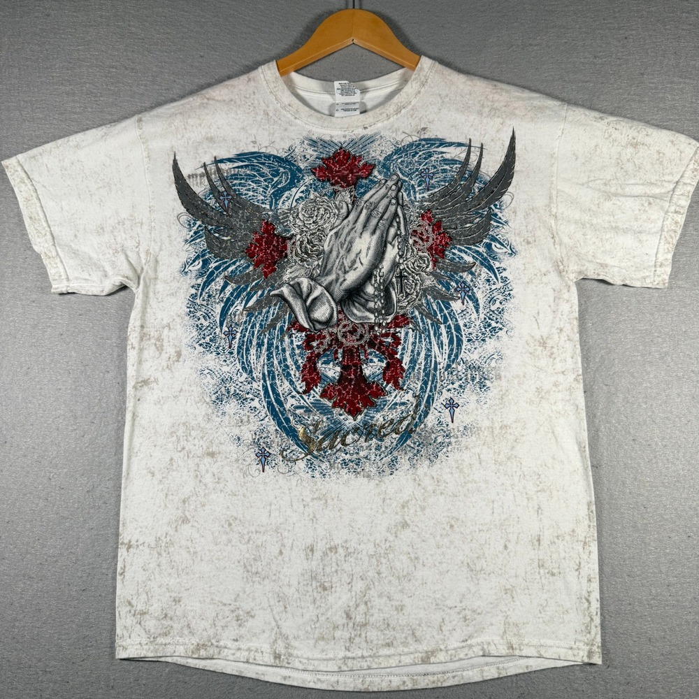 Praying Hands Sacred Graphic Gildan Mens T-Shirt Acid Wash Y2K Large Grunge